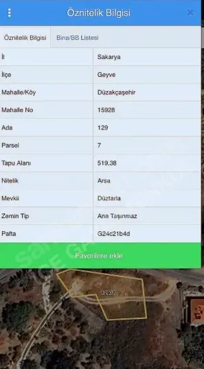 GEYVE DÜZAKÇAŞEHİR'DE 519 m² YATIRIM DEĞERİ YÜKSEK BÖGEDE İMARLI ARSA