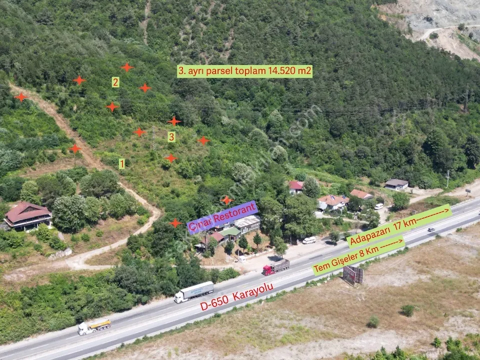 Adapazarı'na 18 km Mesafede, D-650 Üzerinde Satılık 14.520 m² Arazi